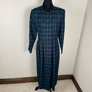 Vintage Sag Harbor Petite Black Watch Plaid Tartan Floor Length Button Dress 16P